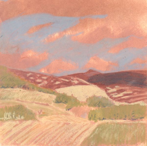 Painting of a landscape, in warm colours